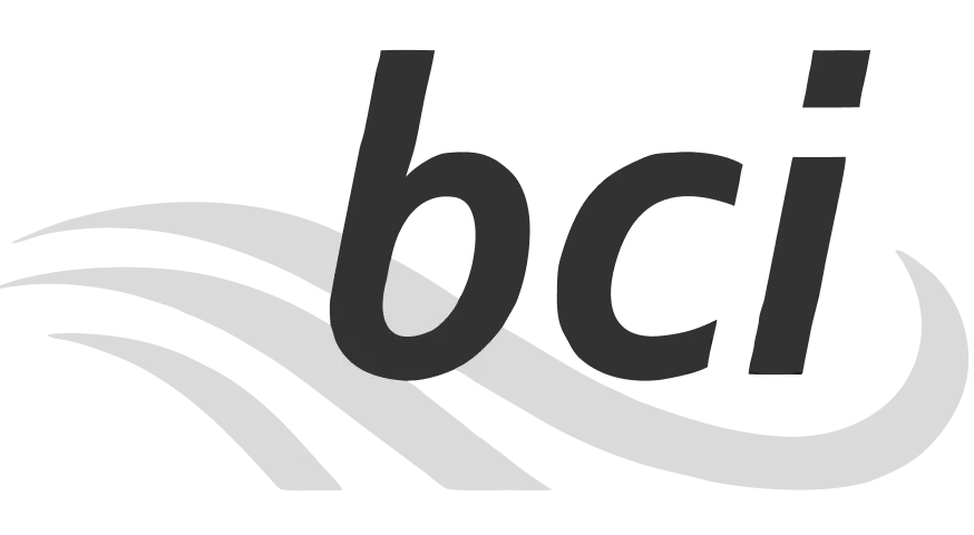 Logo with the lowercase text 'bci' over three flowing wave lines representing water.