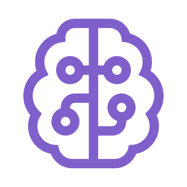Purple icon of a stylized brain with connected nodes representing neural or network connections.