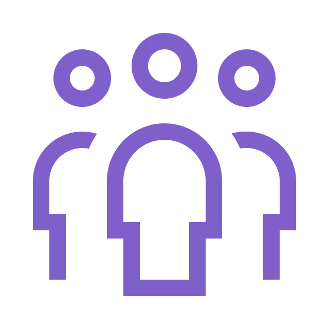 Purple icon of three abstract human figures representing a group or community.