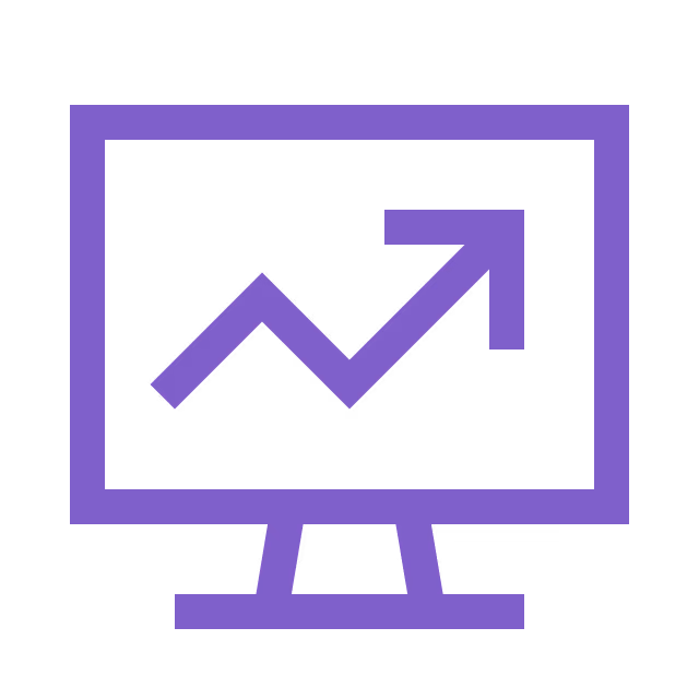 Purple presentation board icon with ascending line graph on a stand.