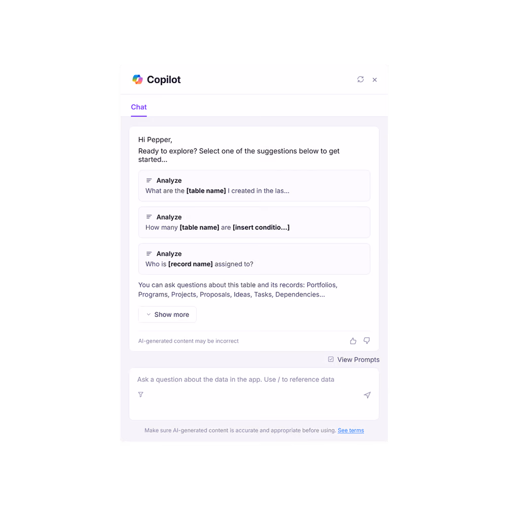 Copilot chat window showing suggested analyze prompts to explore data in tables and records.