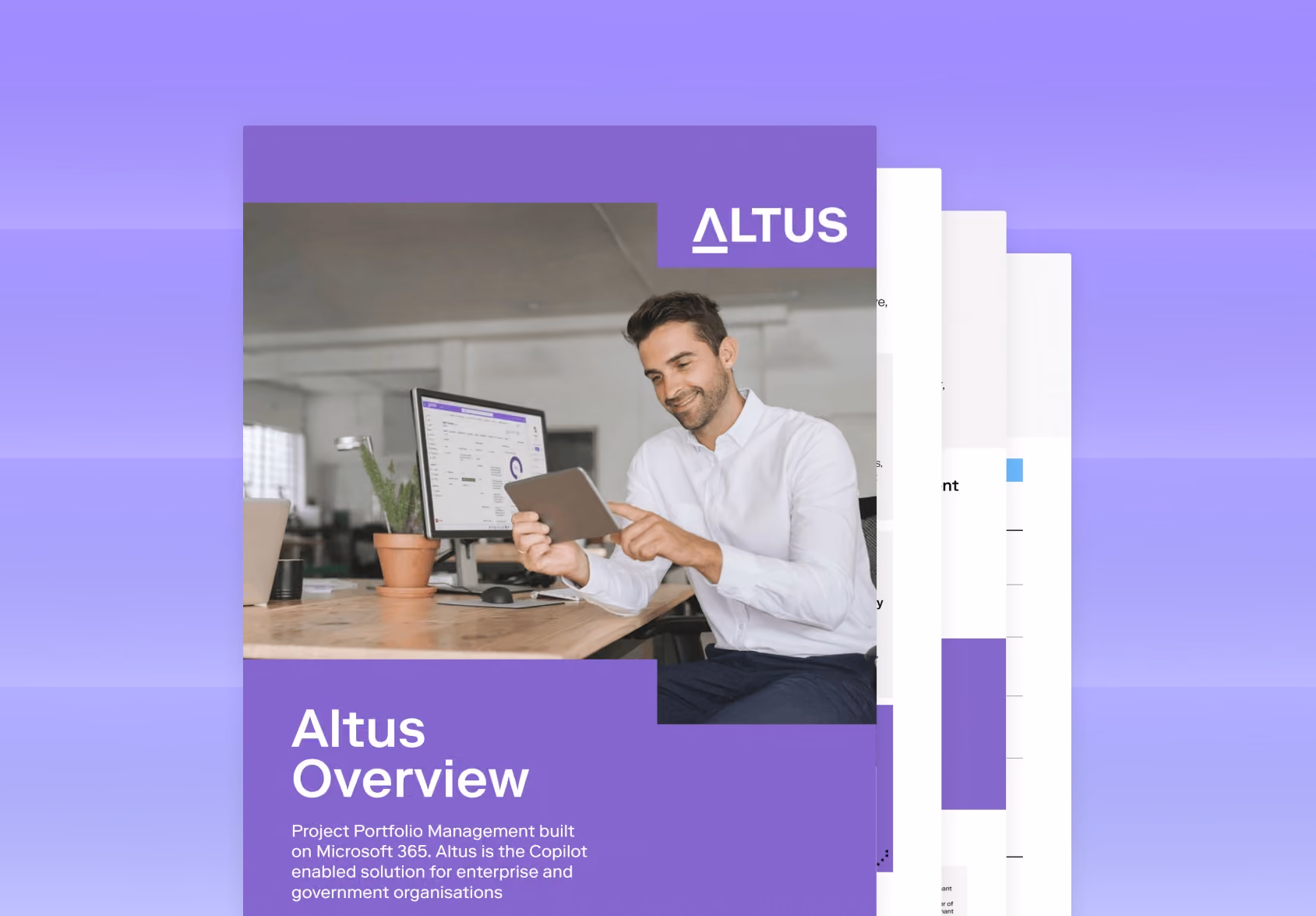 Brochure cover showing a smiling man using a tablet with Altus software on a desktop screen.