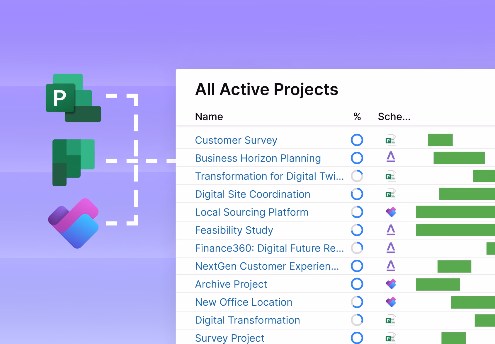 Project management interface showing a list of active projects with progress and scheduling icons.