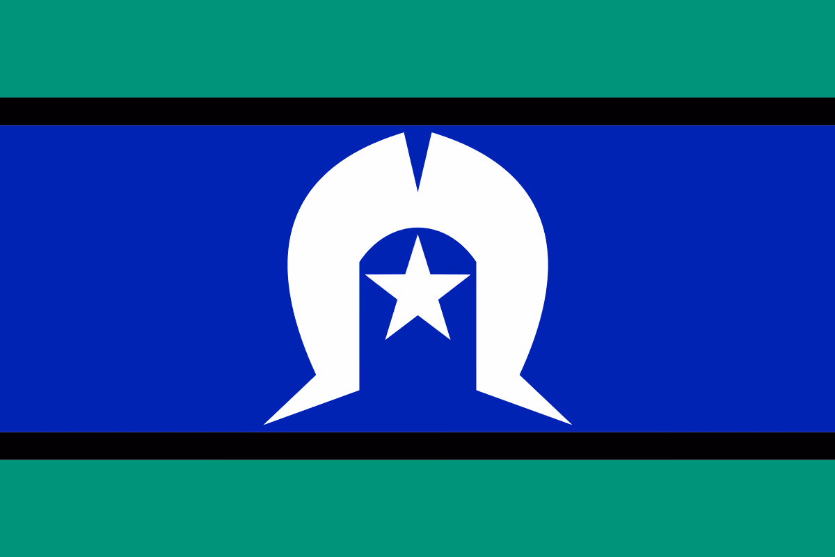 Flag with green stripes, black borders, blue center, white star, and a white arch-shaped symbol.