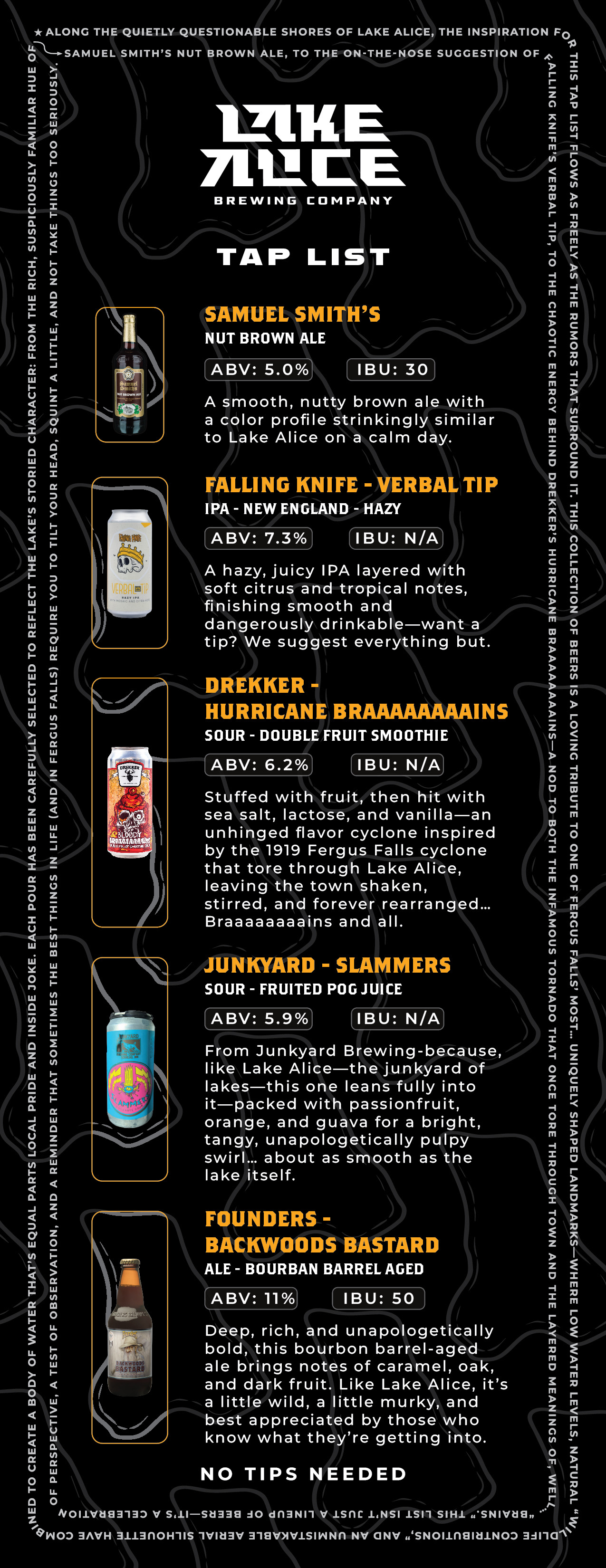 Lake Alice Brewing Company tap list featuring five beers: Samuel Smith’s Nut Brown Ale, Falling Knife Verbal Tip IPA, Drekker Hurricane Braaaaaaains sour, Junkyard Slammers fruited POG juice, and Founders Backwoods Bastard bourbon barrel aged ale with ABV and IBU details and descriptions.