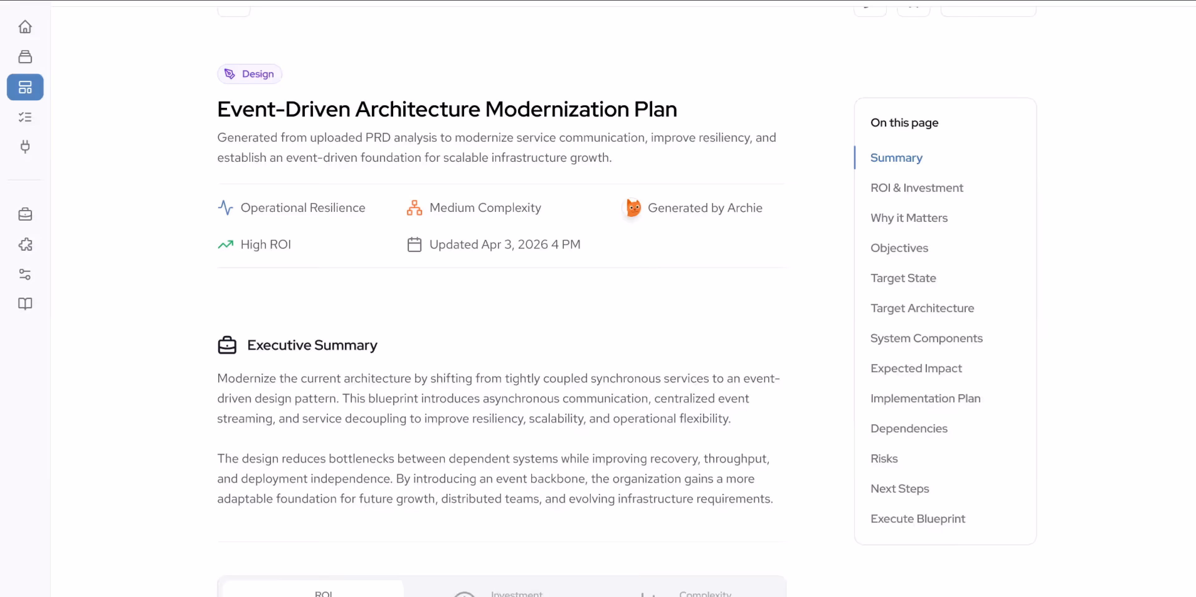 Dashboard showing an Event-Driven Architecture Modernization Plan with summary, metrics, and navigation menu on the right.