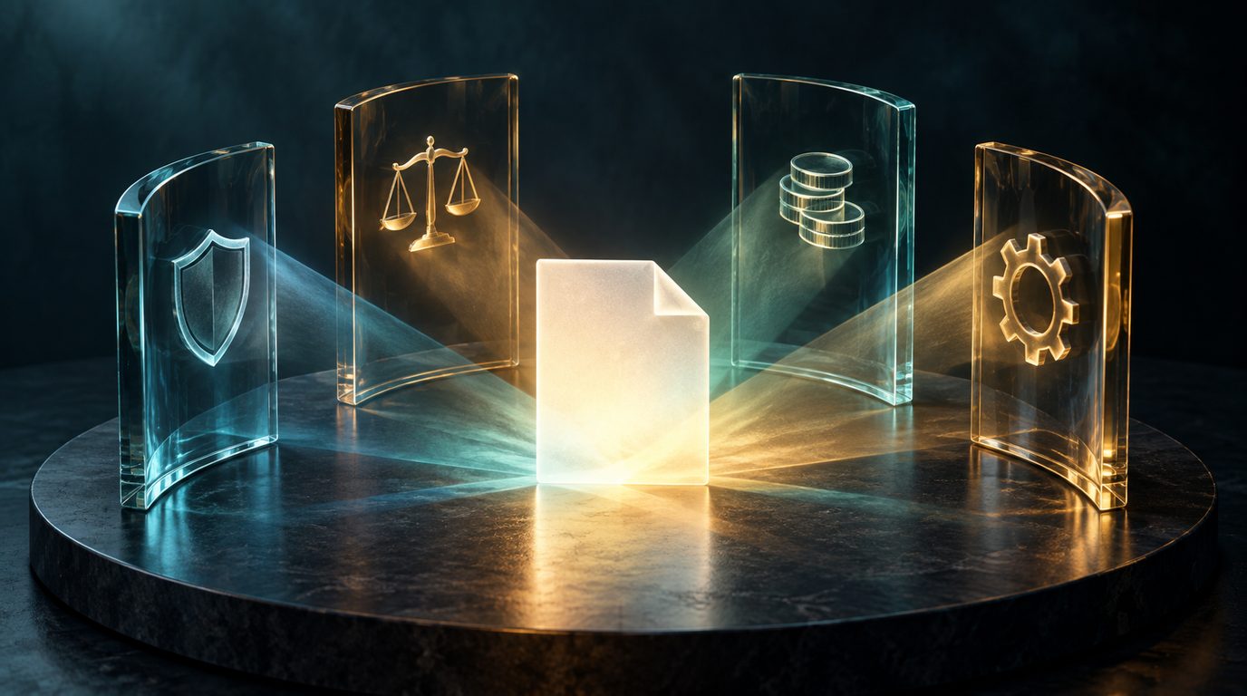 Four glass panels representing risk, compliance, cost and feasibility illuminate a single case document.
