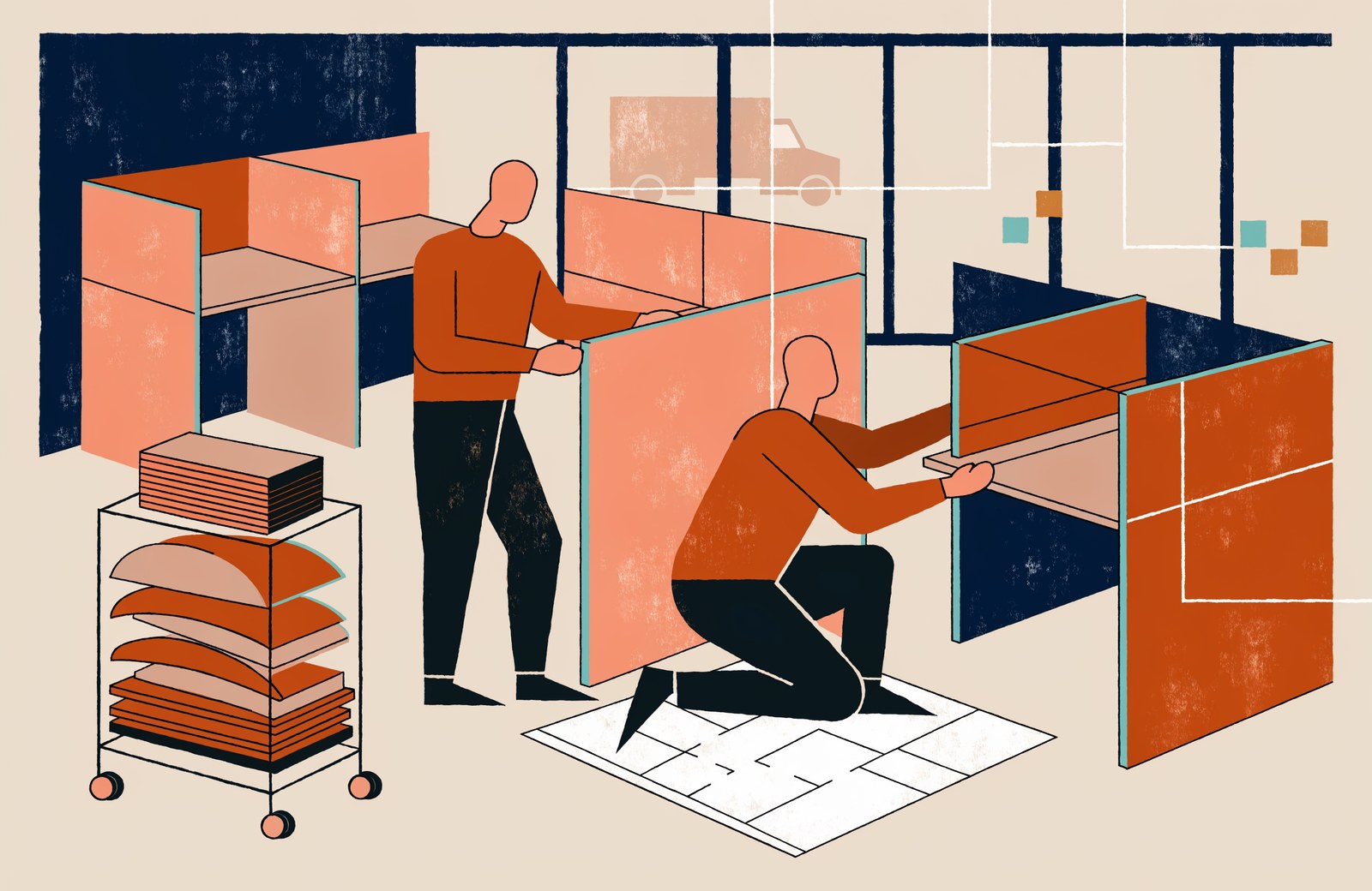 Editorial illustration of two installers reconfiguring cubicle panels from a floor plan