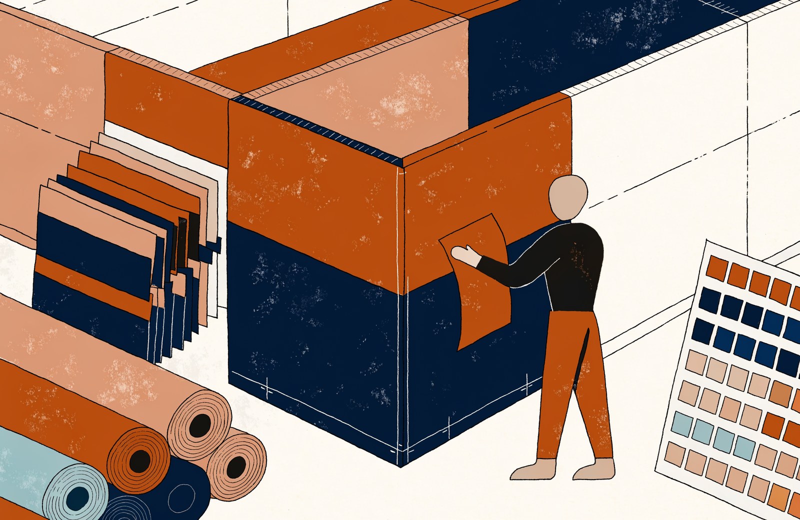 Editorial illustration of a craftsperson fitting fresh fabric to a panel beside fabric rolls and a finish swatch library