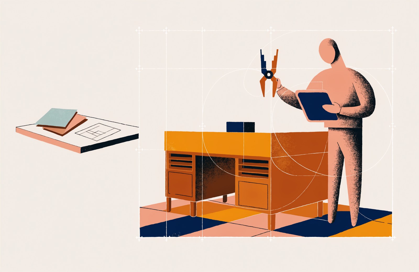 Editorial illustration of a desk being inspected against blueprint dimensions with calipers and a checklist