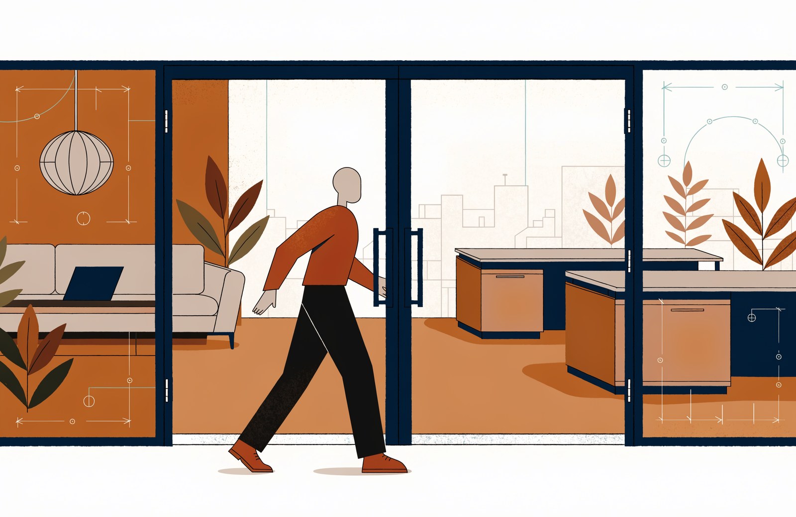 Remanufactured Steelcase workplace with navy and copper finishes in warm daylight