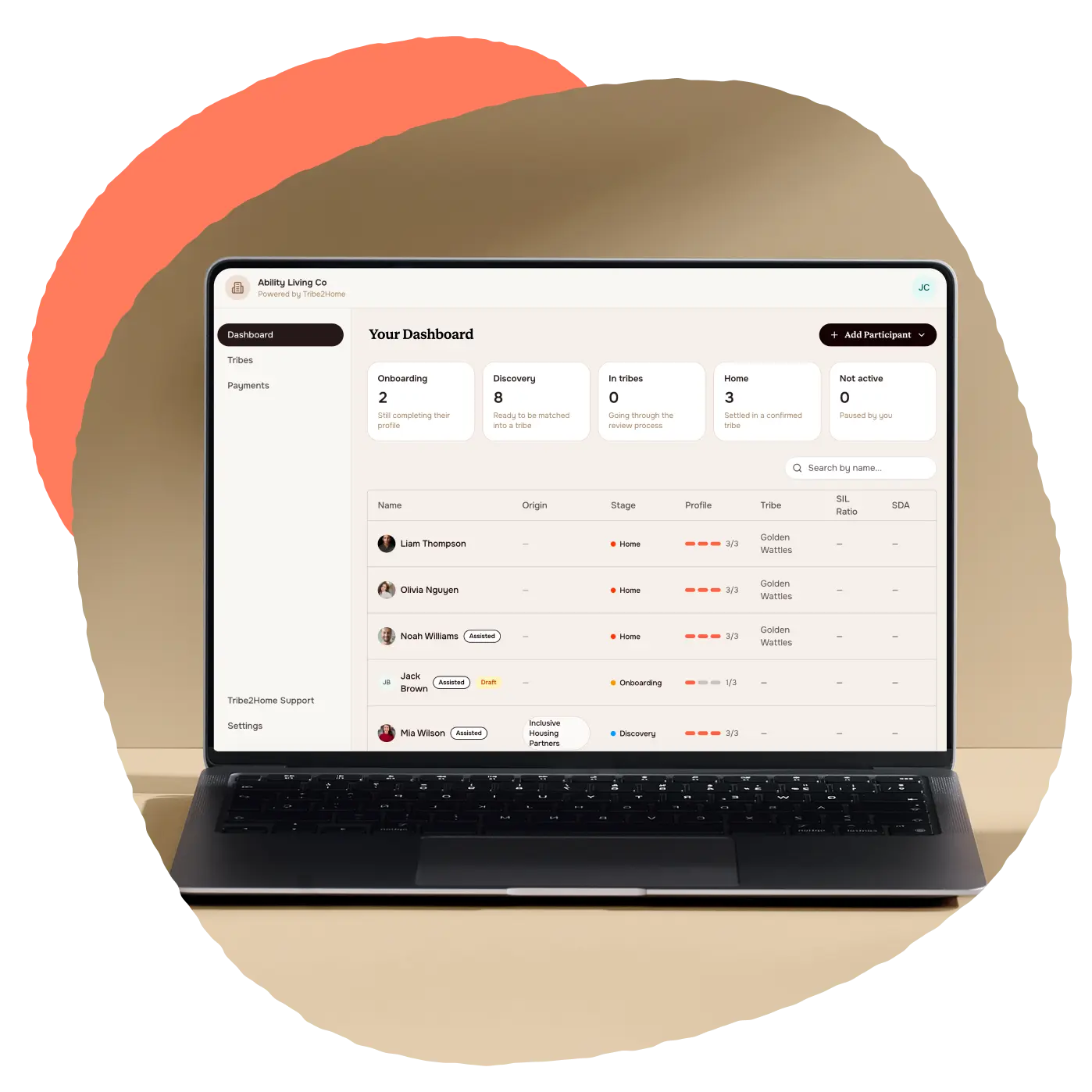 Laptop showing Ability Living Co dashboard with participant status and onboarding details.