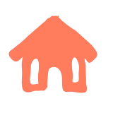 Simple orange house-shaped icon with a triangular roof and two vertical lines inside.