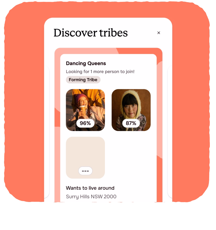 App screen titled Discover tribes shows a forming tribe named Dancing Queens seeking 1 more person to join.