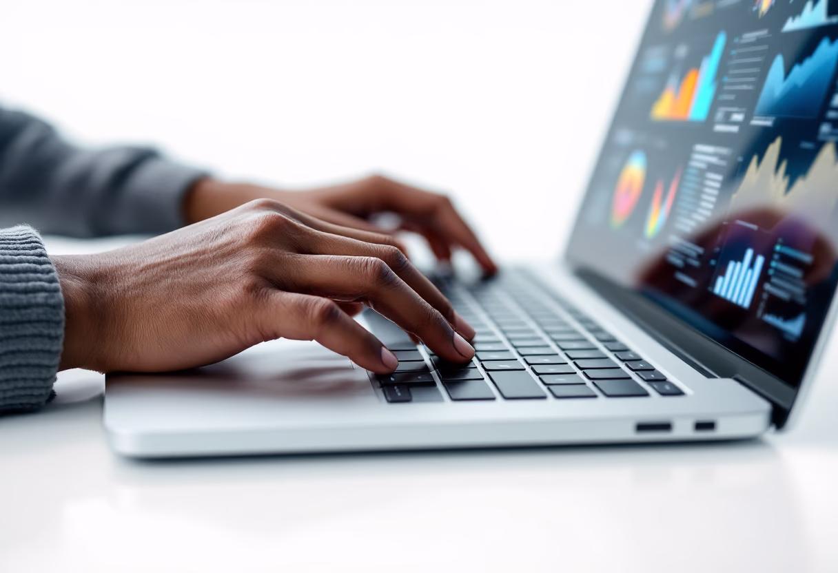 image of hands typing on a laptop with scientific data