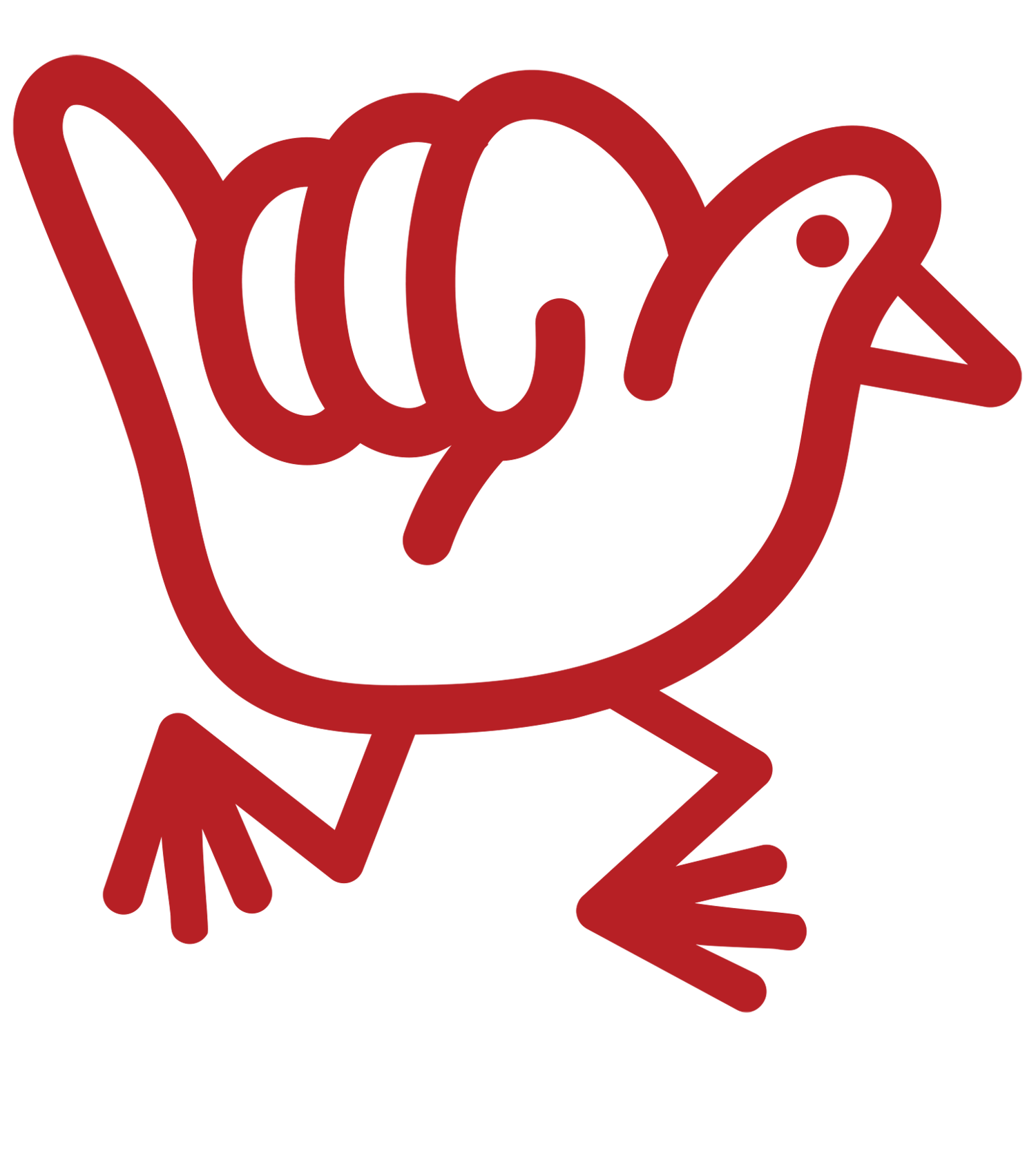 Animated logo of a red line-art bird mascot running in place, with its body formed in the shape of a shaka hand gesture.