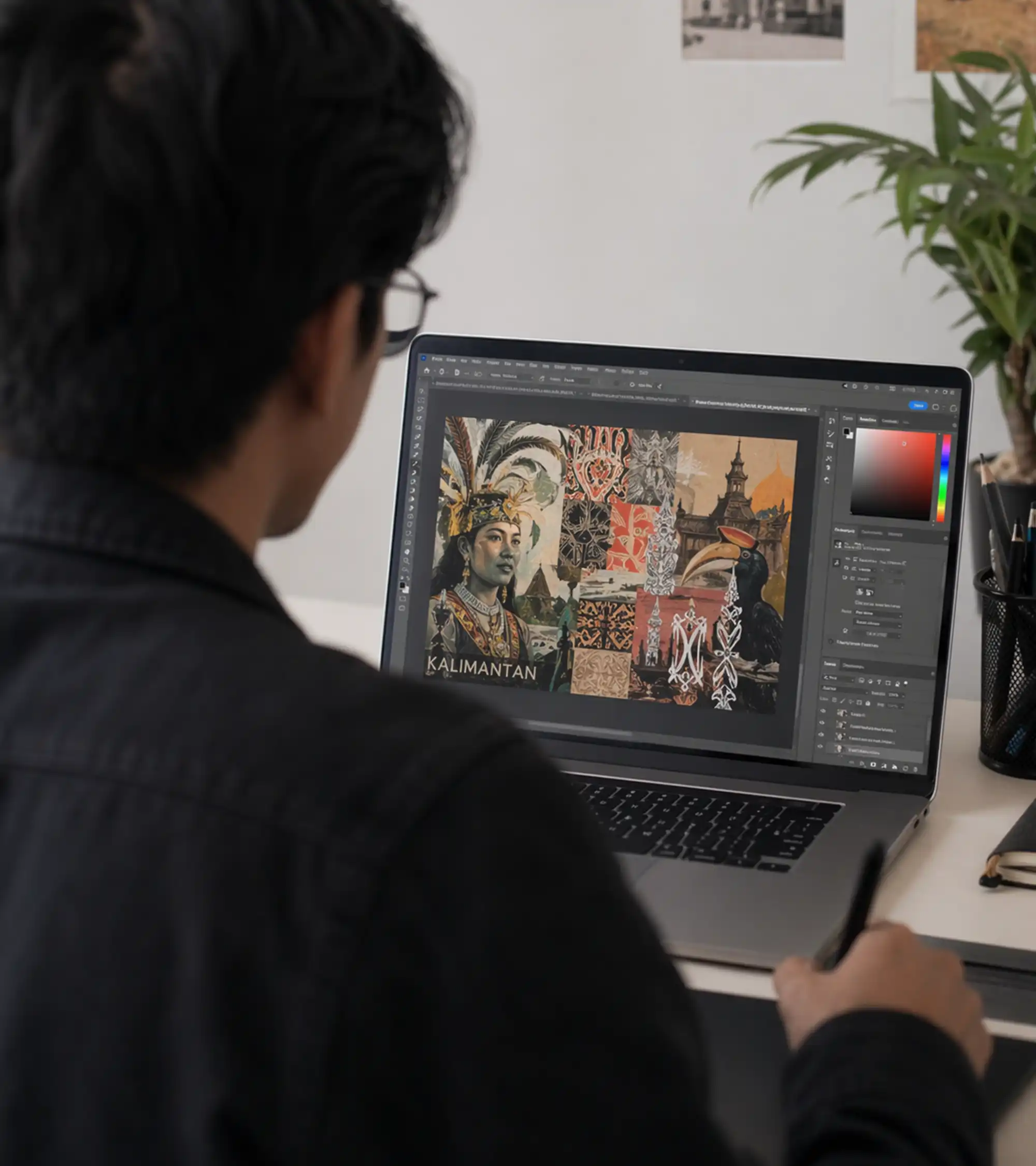 Seorang pria menggunakan tablet grafis bekerja pada desain digital bertema Kalimantan di laptop.