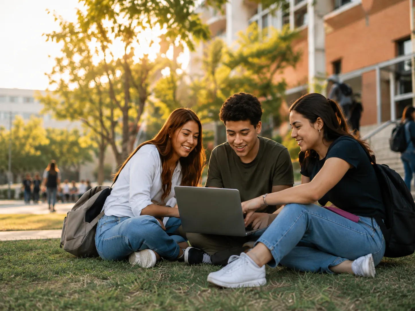 Tres estudiantes revisando un portátil sentados en el césped