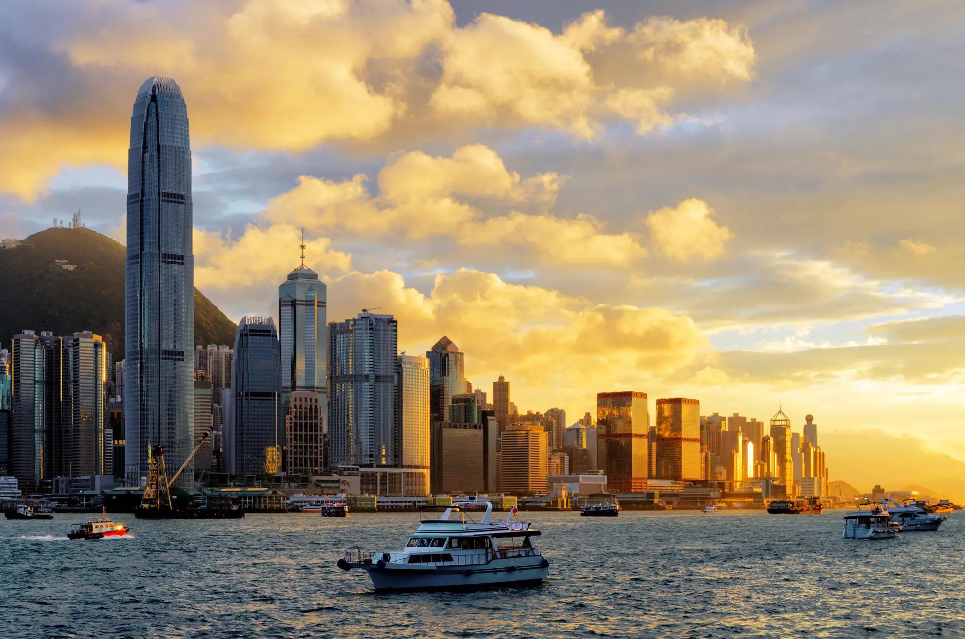Hong Kong Island skyline from Victoria Harbour at sunset