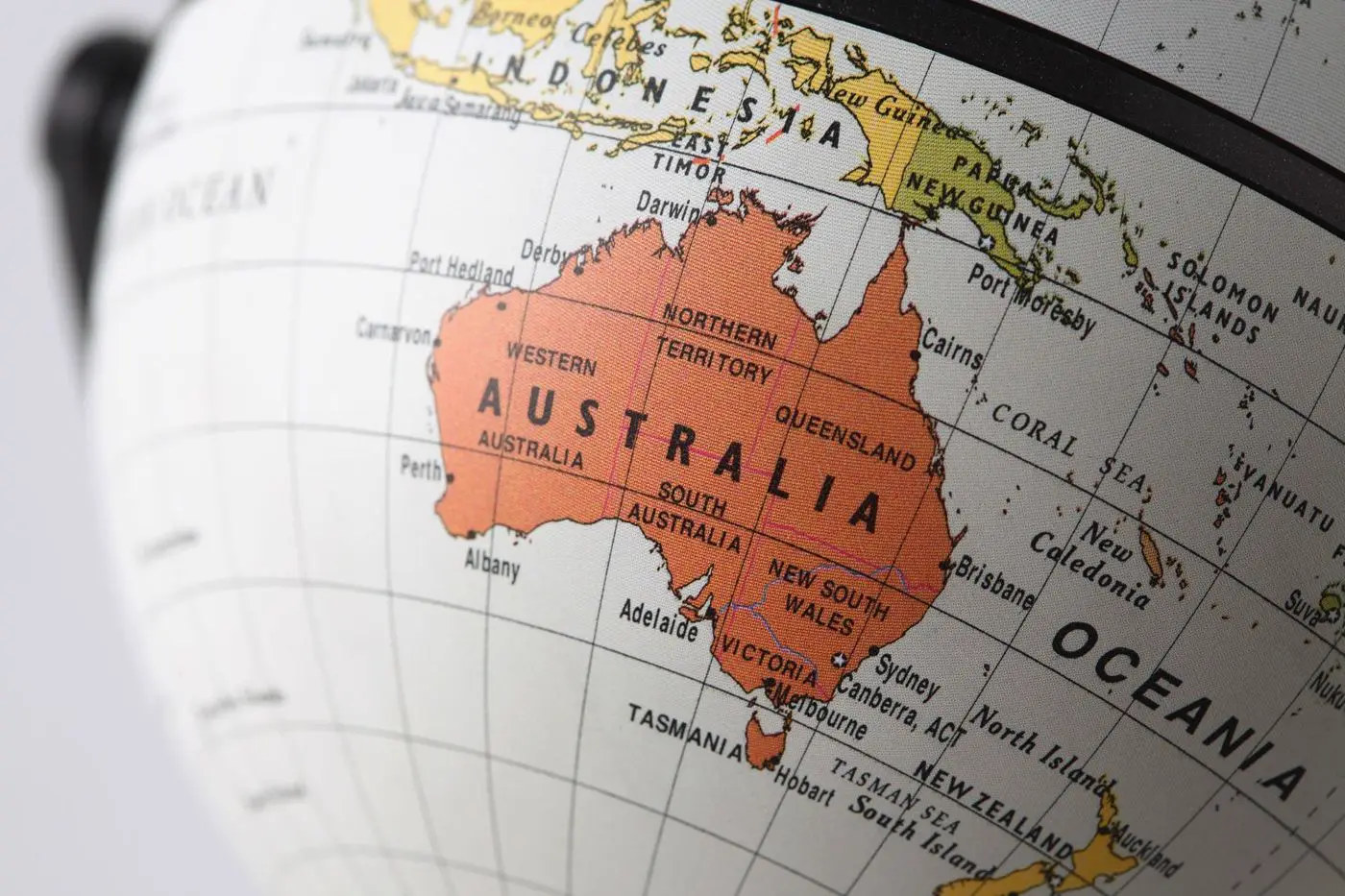 Globe showing Australia and its east coast cities