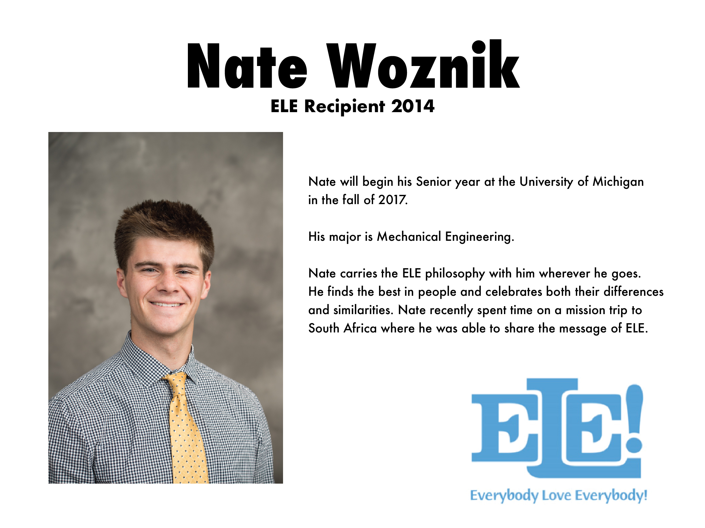 Portrait of Nate Woznik, ELE Recipient 2014, with text about his studies and mission trip.