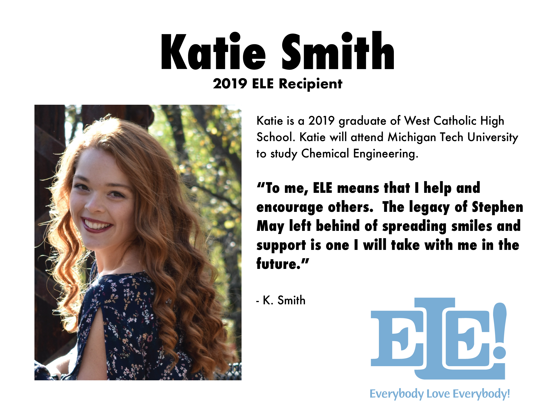 Portrait of Katie Smith, 2019 ELE recipient, with text about her education and ELE tribute.