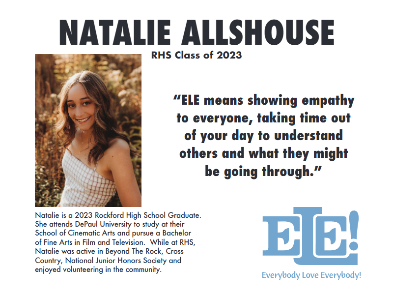 Senior Natalie Allshouse smiling outdoors with a quote about empathy for RHS Class of 2023.