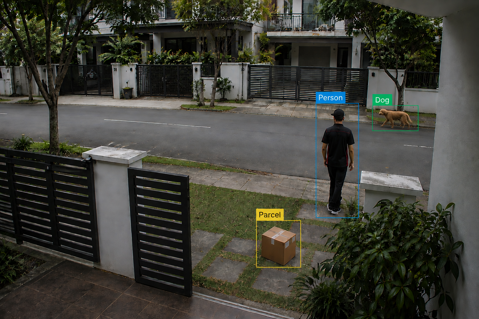 Context-aware security camera monitoring outside the home and identifying people, animals, and parcels