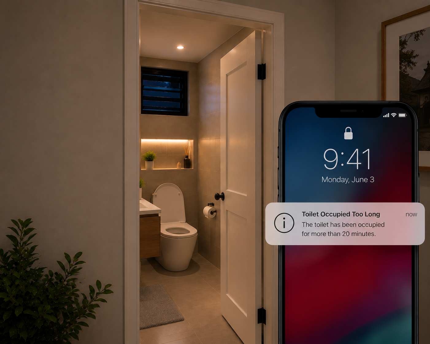 Smart home alert notifying household members when a washroom has been occupied for an extended period