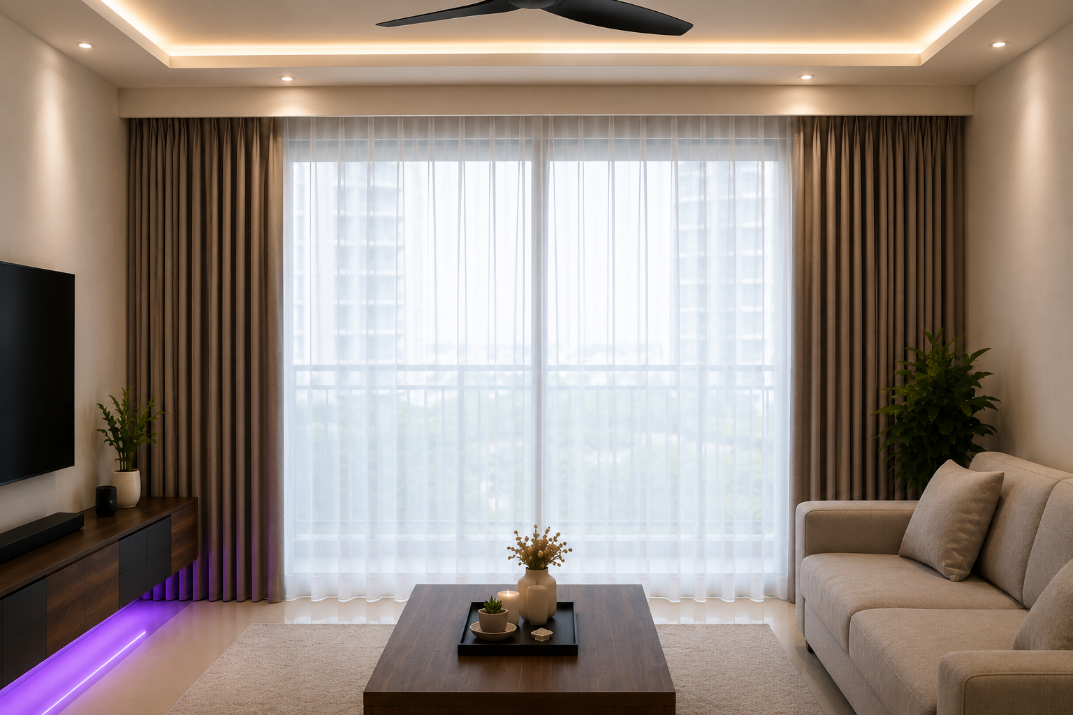 Smart curtains seamlessly integrated into a modern living room