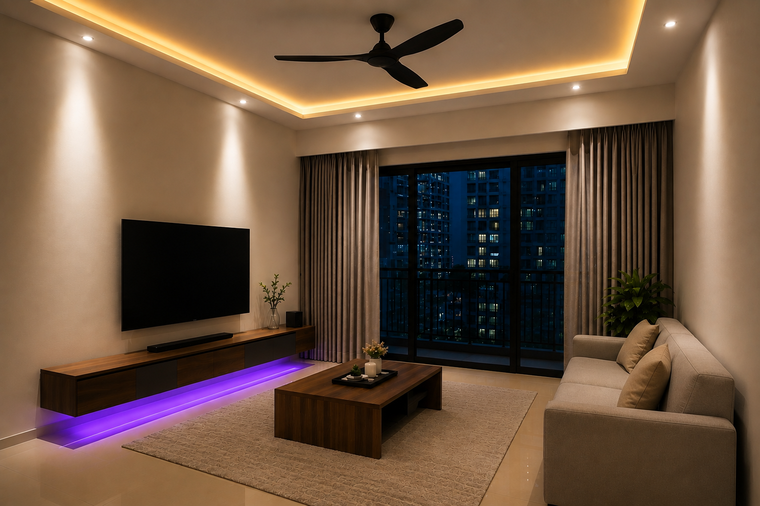 Living room illuminated with smart lighting for a comfortable and inviting atmosphere