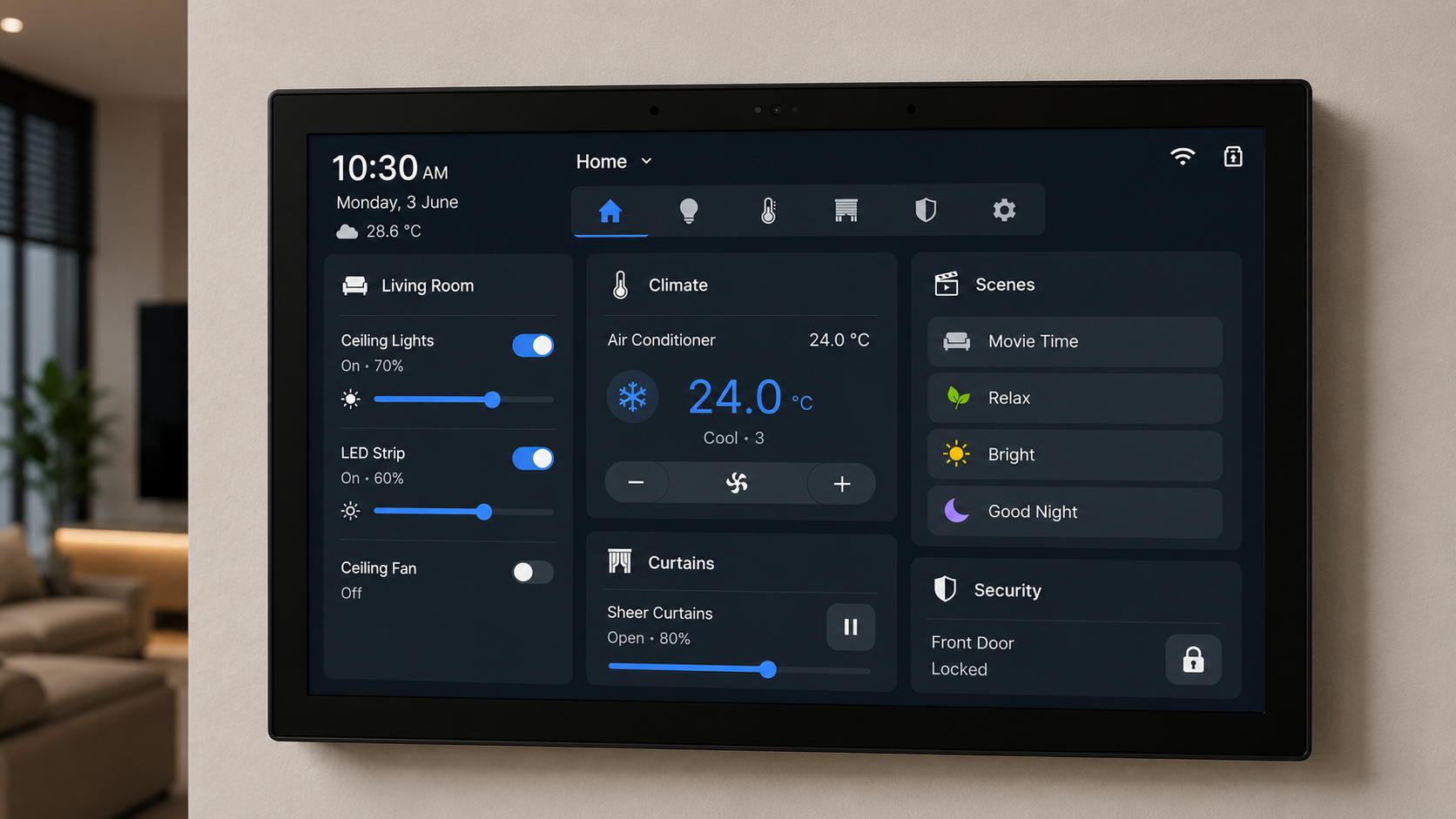 Wall-mounted smart home dashboard providing centralized control of lighting, climate, curtains, and other connected devices
