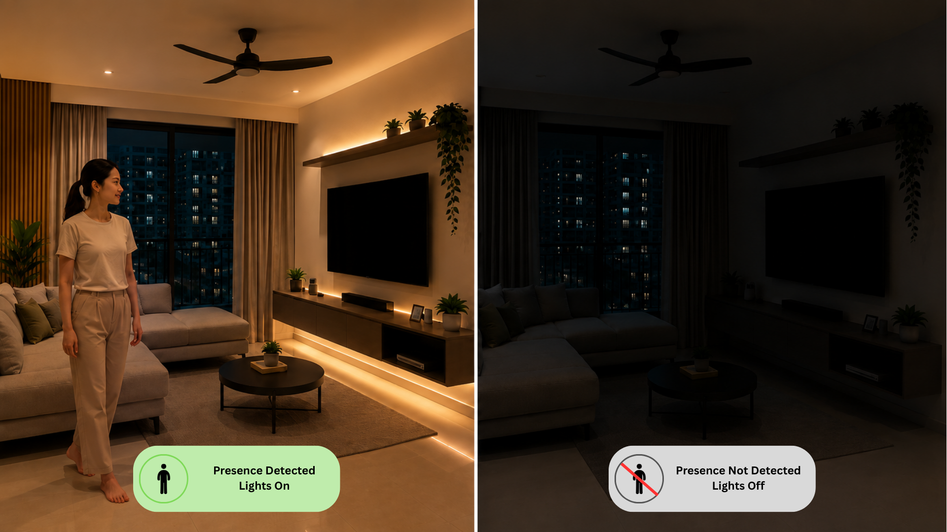 Presence-based smart lighting automatically turning on when someone enters the room