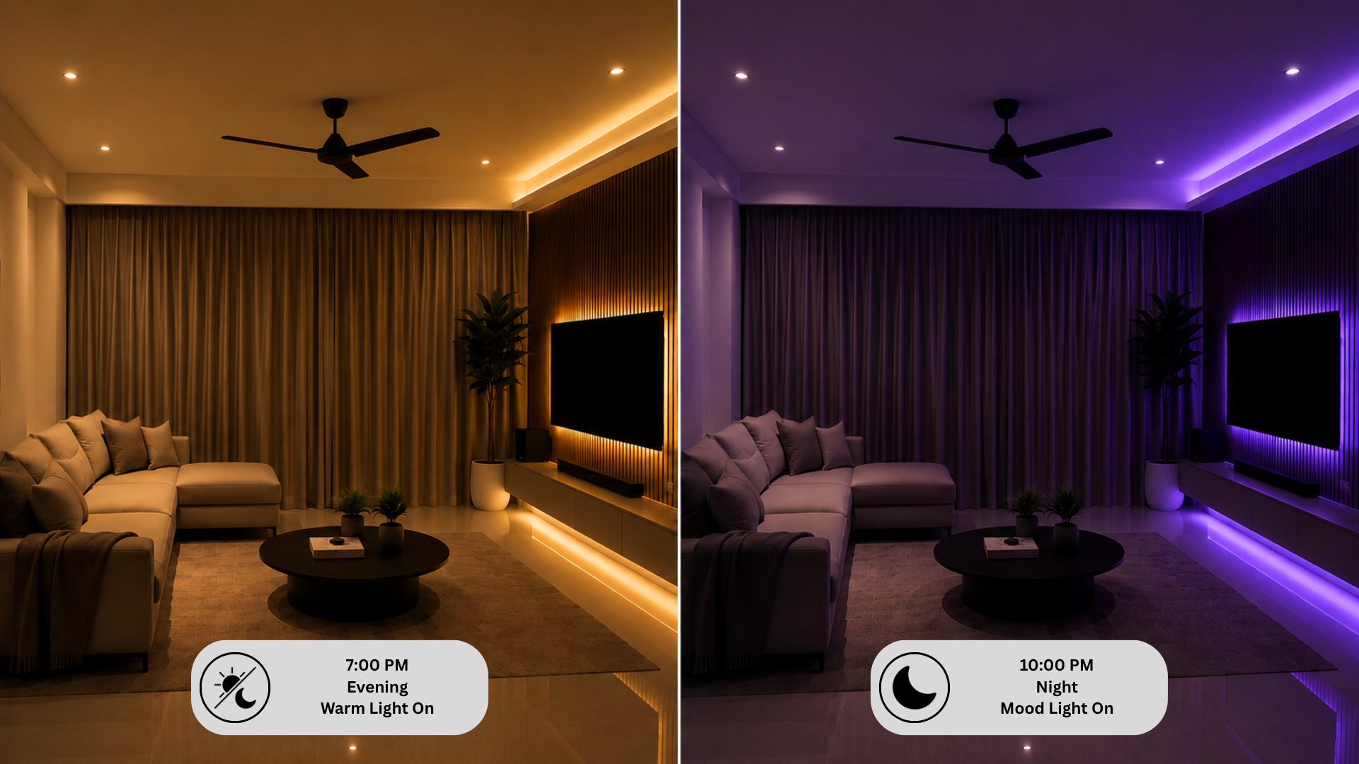 Scheduled smart lighting automatically changing to different lighting settings throughout the day