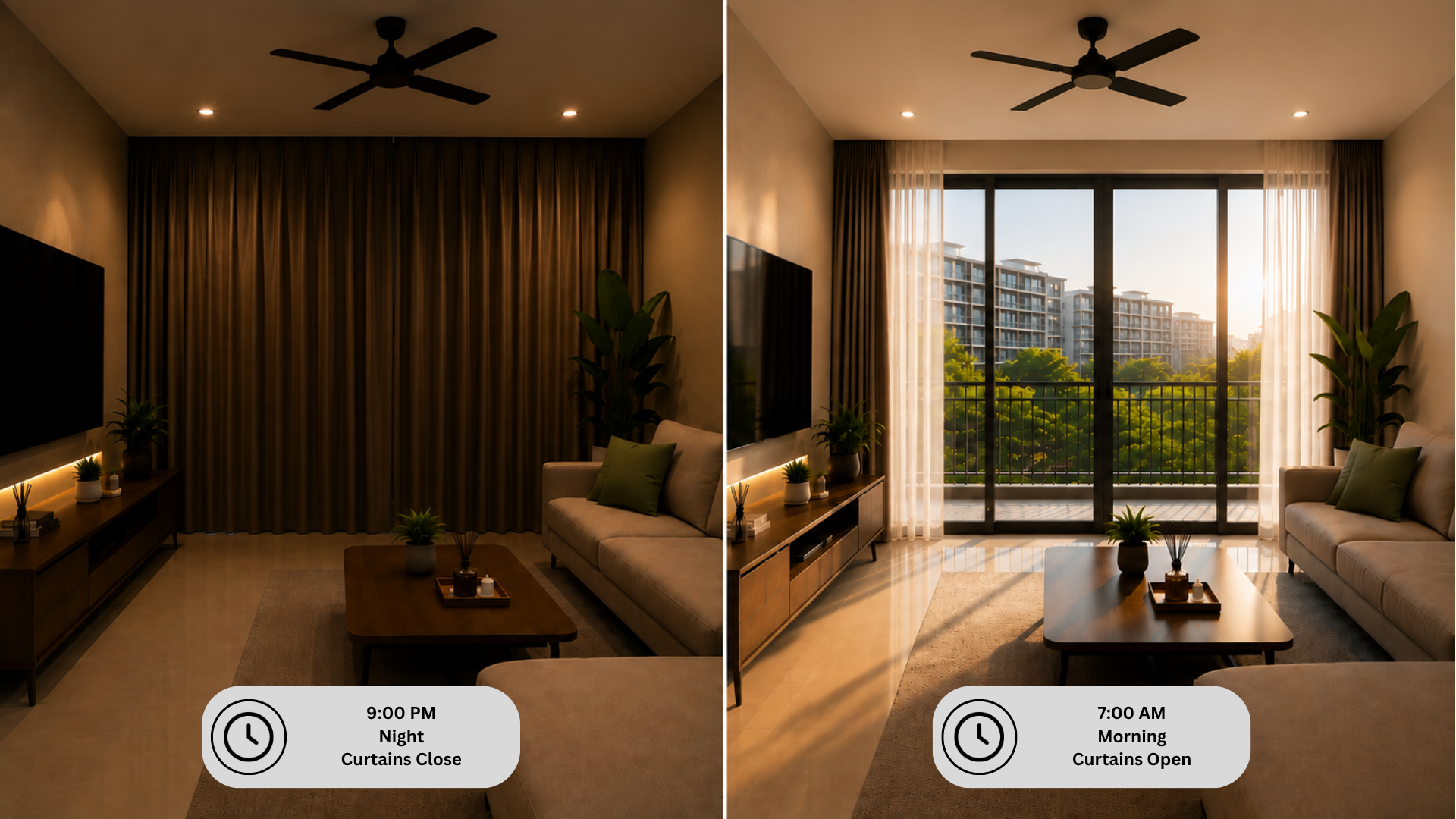 Smart curtains automatically opening and closing at scheduled times throughout the day