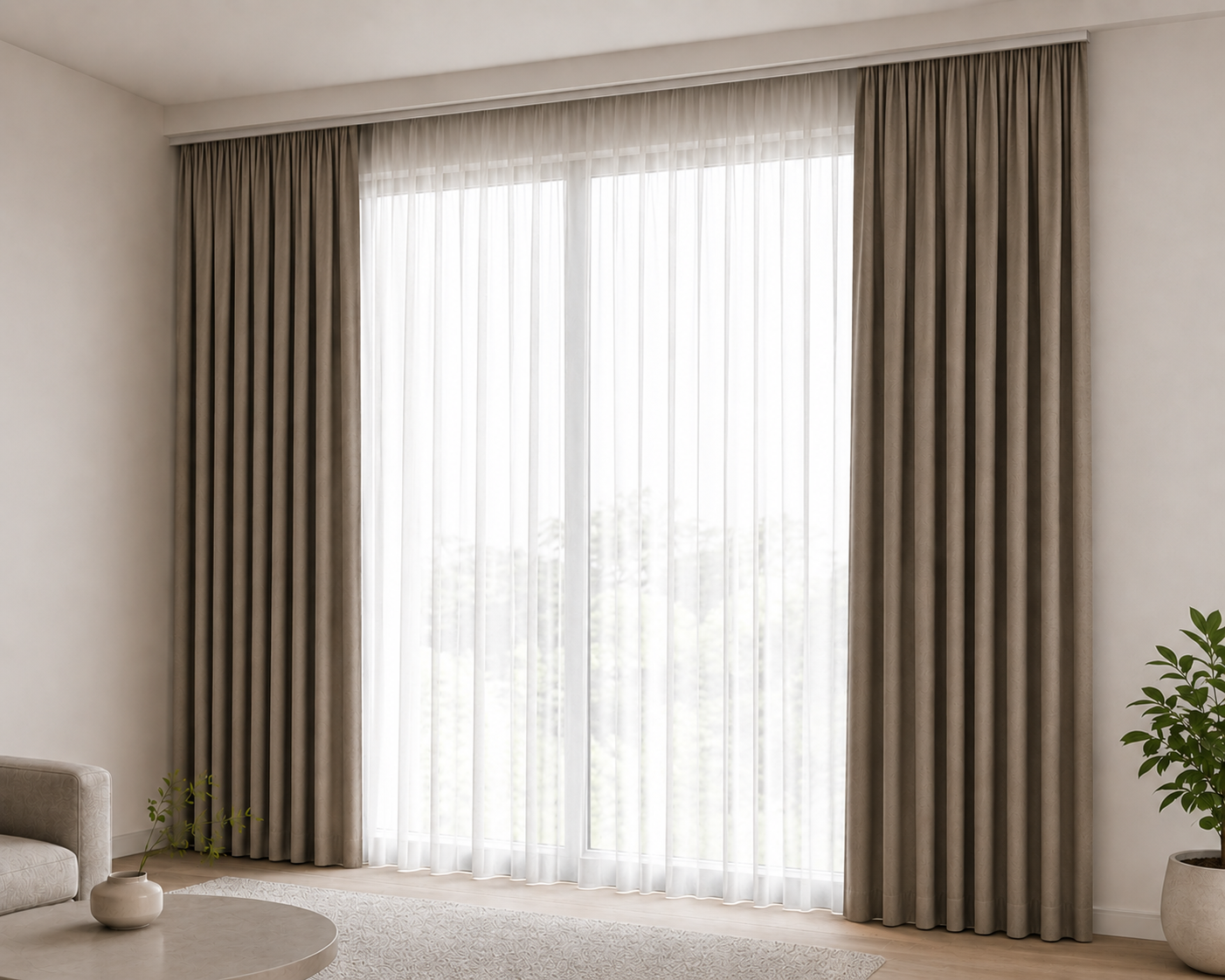 Smart curtains installed in a modern living room for automated opening and closing