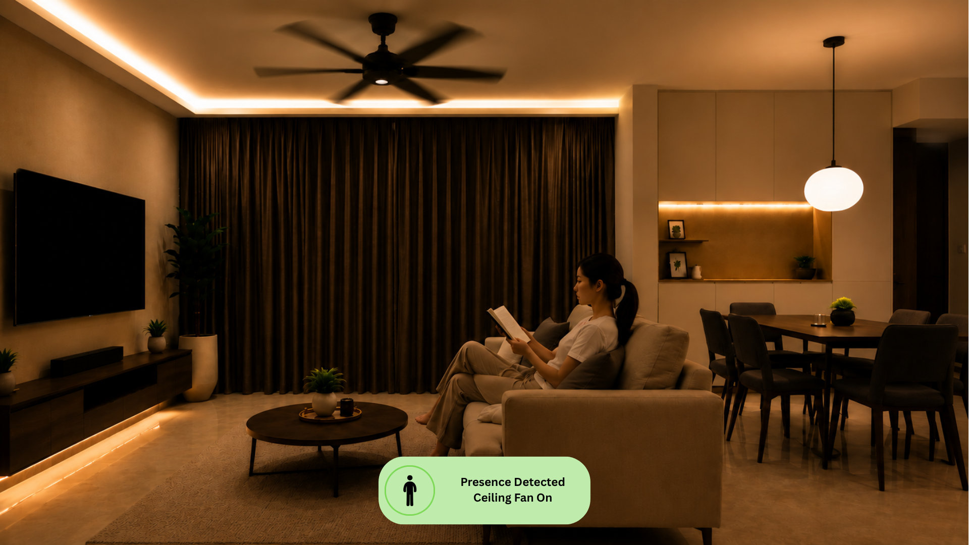 Smart climate control automatically adjusting air-conditioning and fans based on room presence
