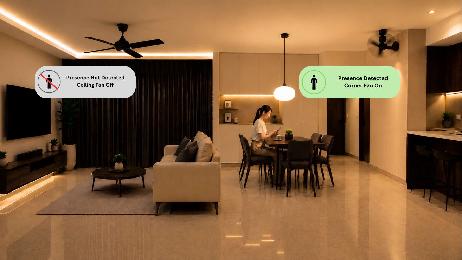 Zone-based smart climate control automatically adjusting air-conditioning and fans based on presence in different areas of the home