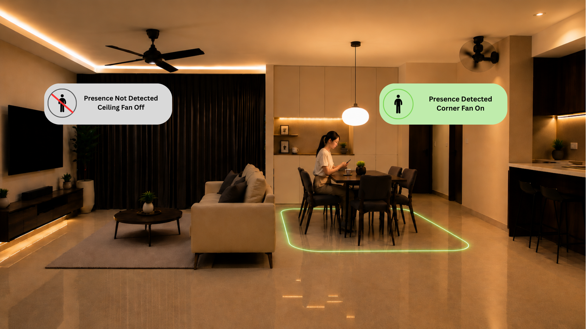 Zone-based smart climate control automatically adjusting air-conditioning and fans based on presence in different areas of the home