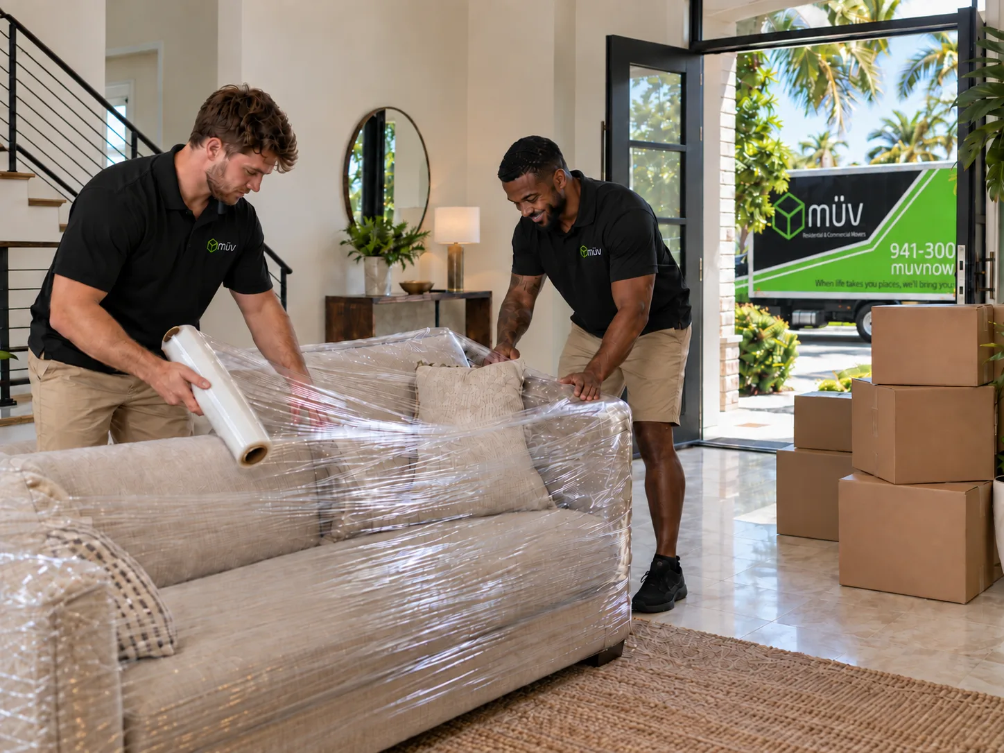 Bradenton movers shrink-wrapping a sofa to protect it during a move
