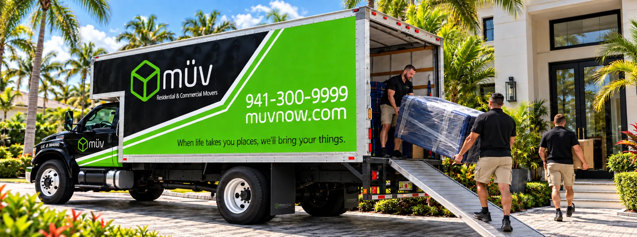 müv moving truck being loaded at a Sarasota home — call 941-300-9999