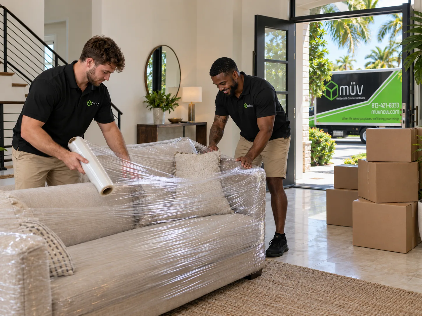 Tampa movers shrink-wrapping a sofa to protect it during a move