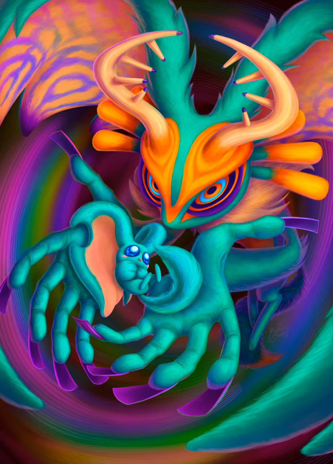Digital painting of Elfilis looking at the viewer and presenting them an Elfilin. The background is a big and dark rainbow swirl