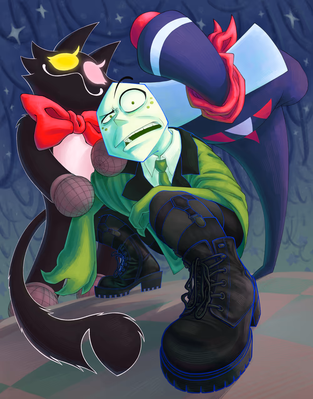 (left to right) Pluey, Battat, and Jongler drawn in .5 view looking down at the viewer