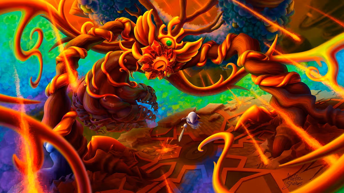 Painting of Mistilteinn and Magolor from Kirby's Return to Dream Land. It depicts the final boss fight in the Magolor Epilogue mode with Magolor holding a sword