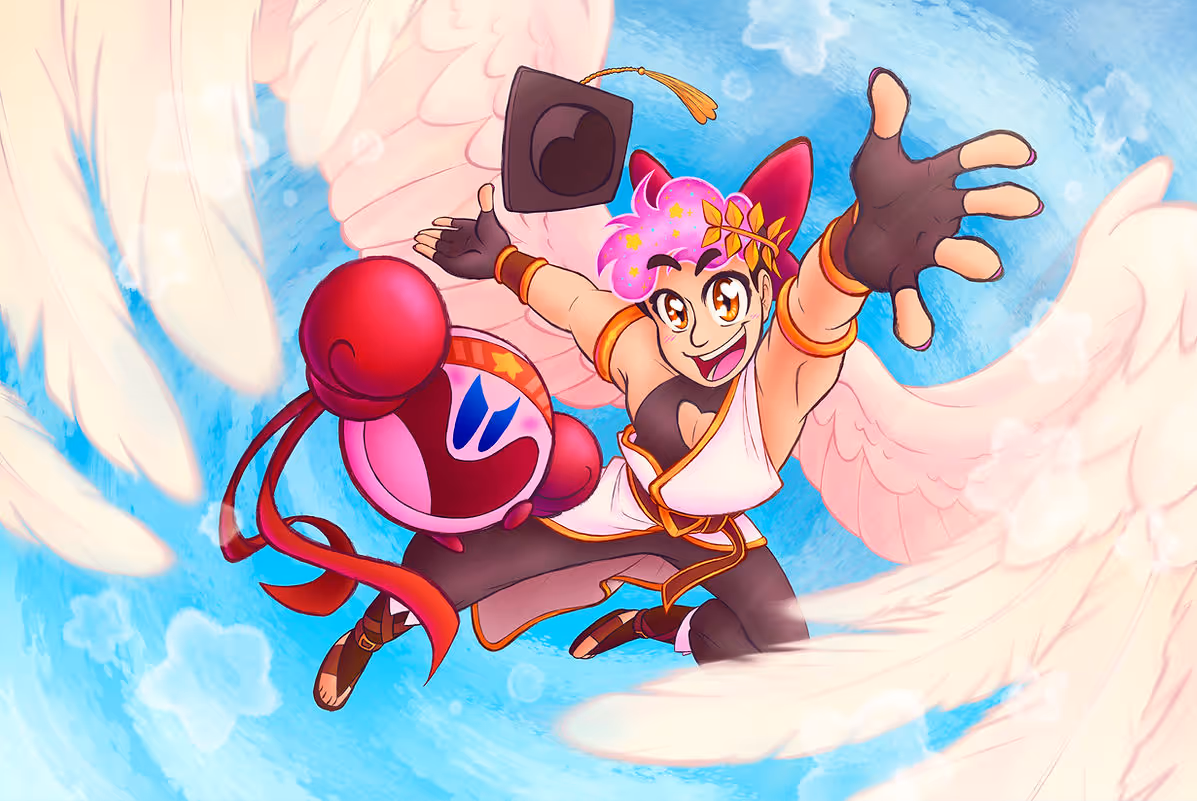 Drawing of college graduate Vernias wearing an outfit similar to Kid Icarus Pit and large wings. Fighter Kirby is also next to him