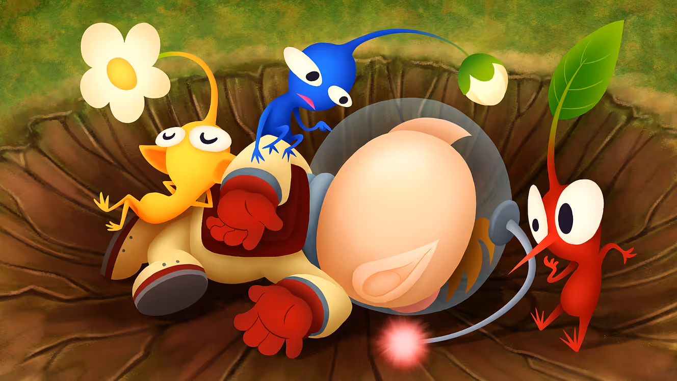Olimar in the Family Guy death pose in a dirt crater with yellow, red, and blue pikmin around him