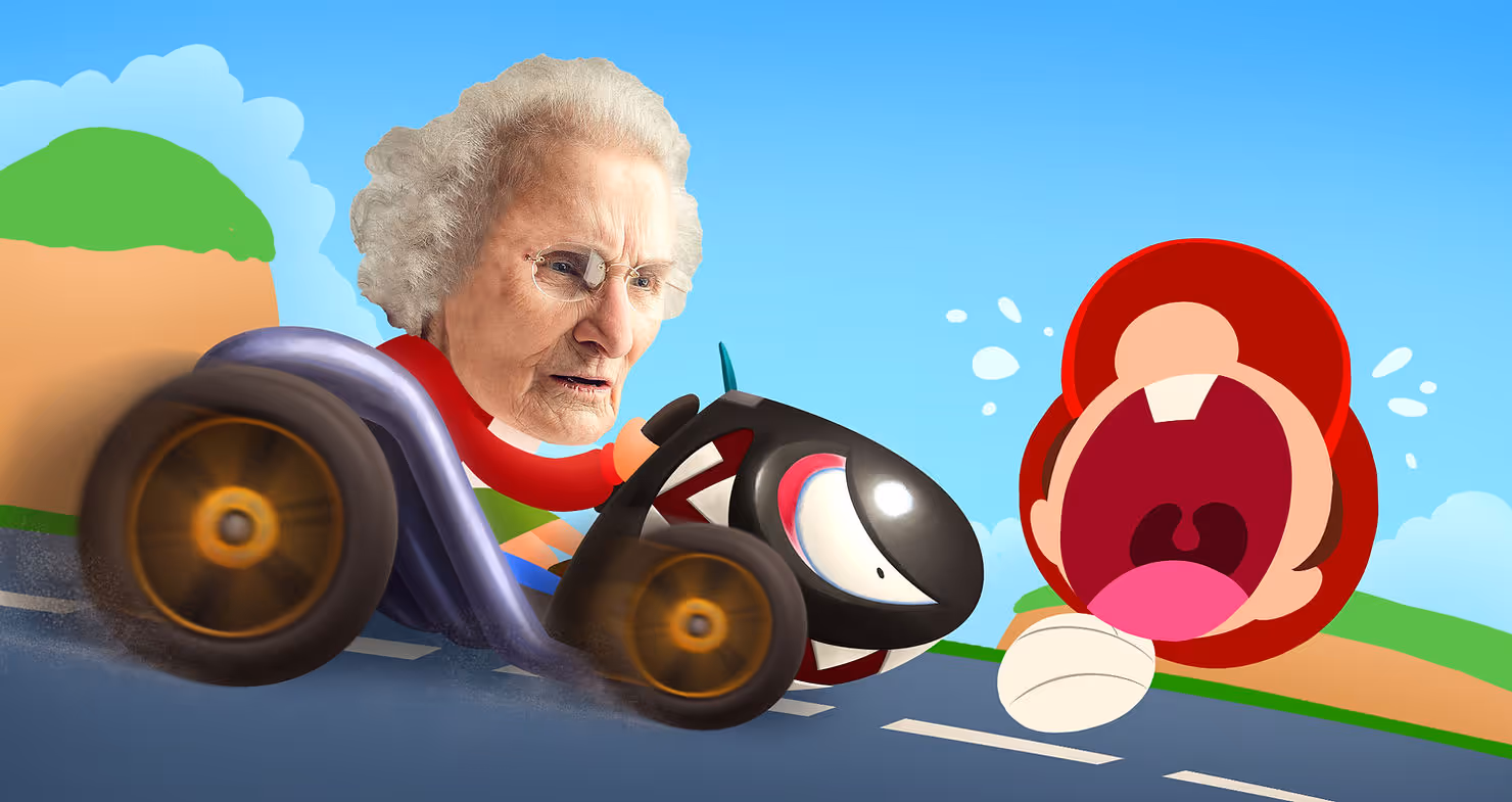 Failboat Grandma riding a Bullet Bill kart about to run over a crying Baby Mario on the road