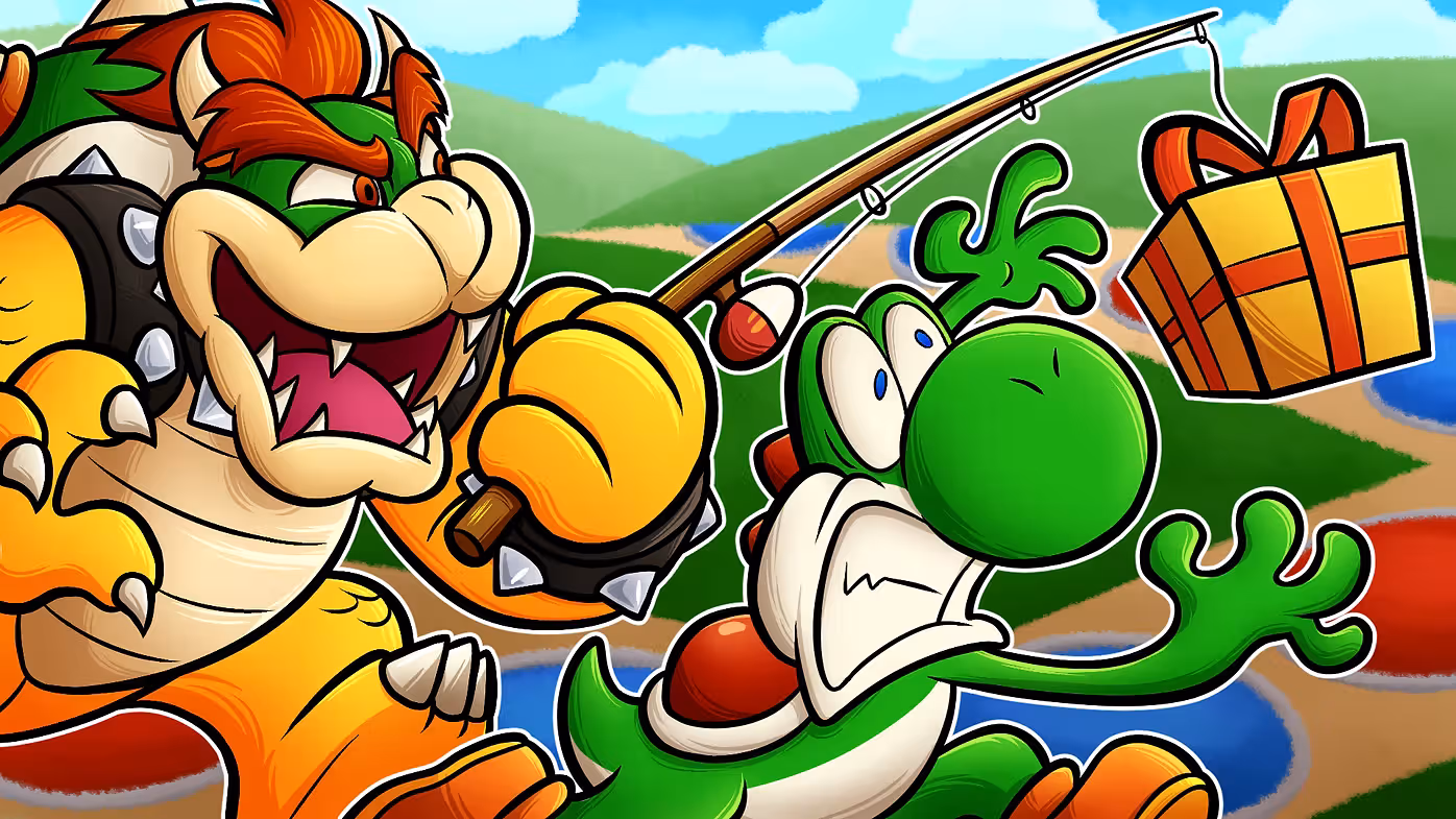Bowser dangles a present on a fishing pole in front of a desperate Yoshi trying to get the present