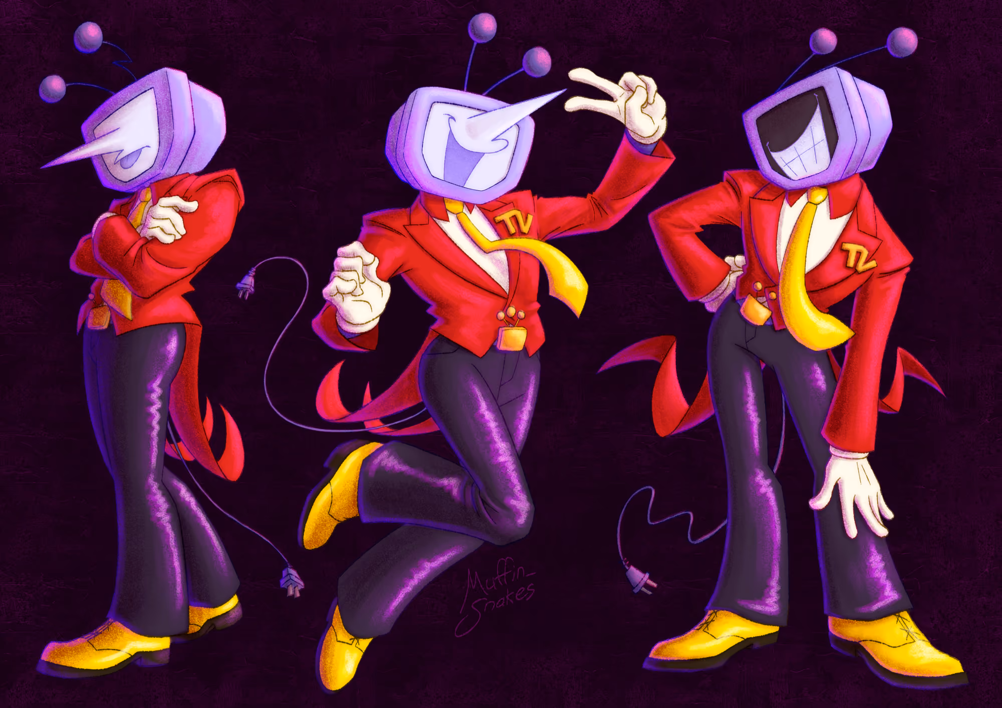 Three Tenna drawings. (left) Tenna with arms crossed and sticking his tongue out. (middle) Tenna skipping happily and throwing a peace sign. (right) Screen black and smiling menacingly